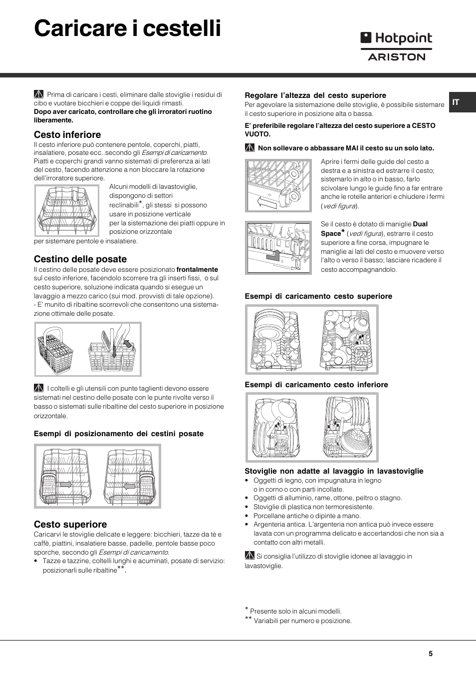 Caricare i cestelli, Cesto inferiore, Cestino delle posate | Cesto superiore | Hotpoint Ariston LST 116 HA User Manual | Page 5 / 84