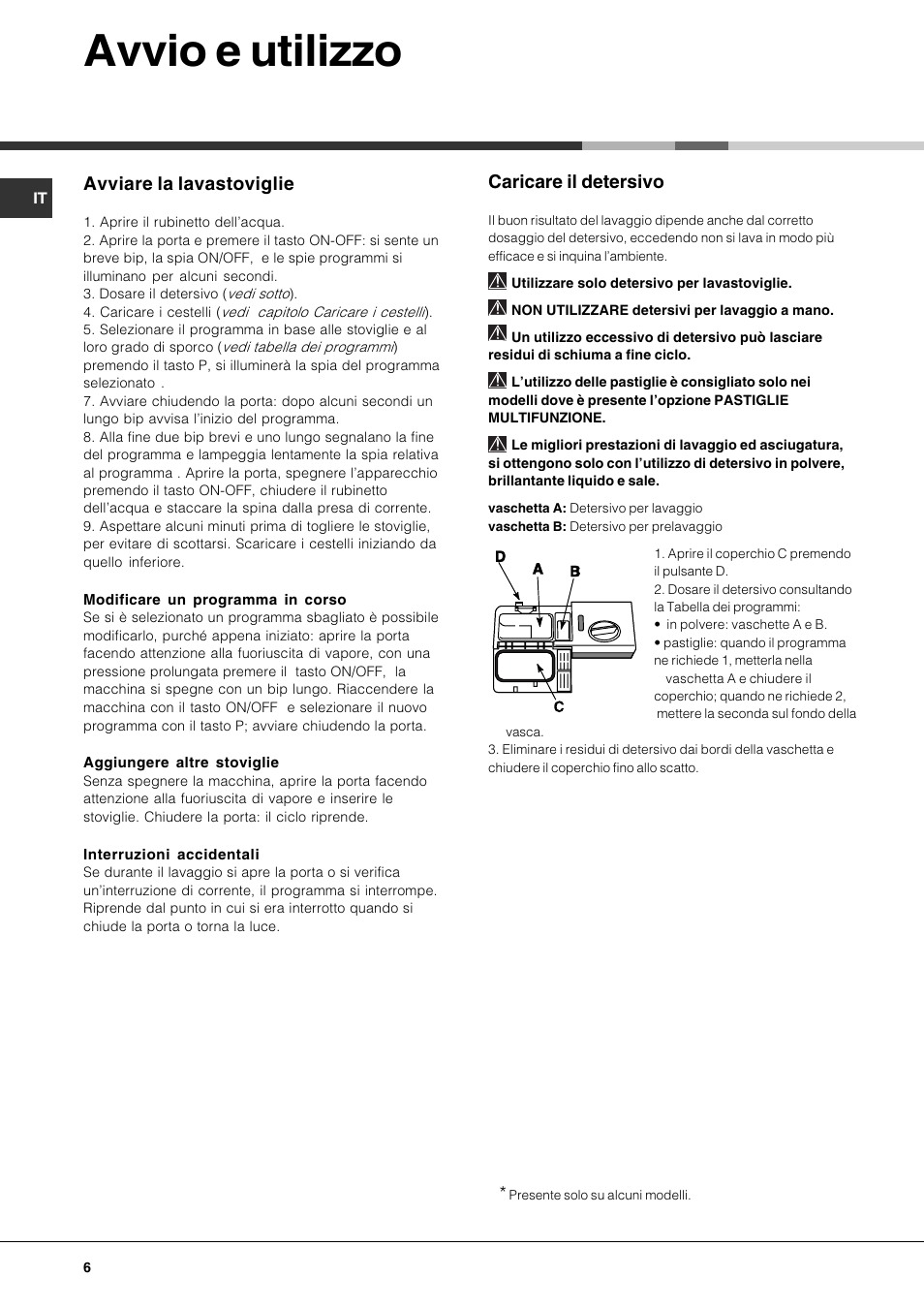 Avvio e utilizzo, Caricare il detersivo, Avviare la lavastoviglie | Hotpoint Ariston LST 116 HA User Manual | Page 6 / 84