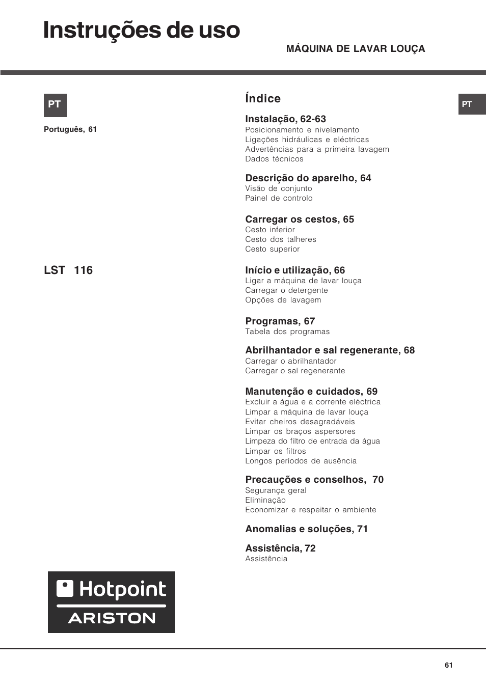 Instruções de uso, Índice, Lst 116 | Hotpoint Ariston LST 116 HA User Manual | Page 61 / 84