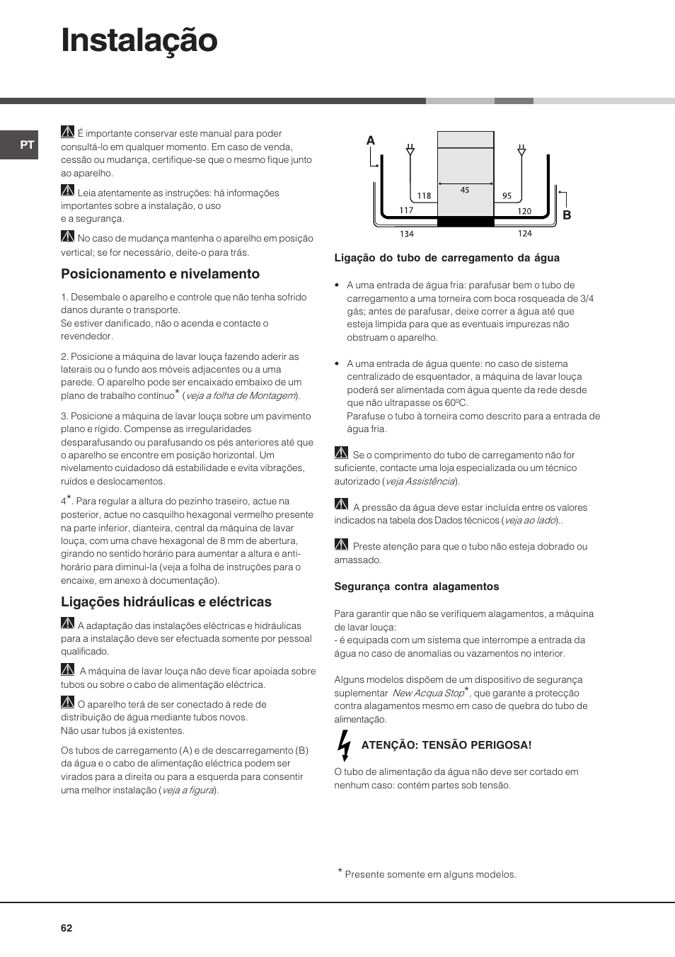 Instalação, Posicionamento e nivelamento, Ligações hidráulicas e eléctricas | Hotpoint Ariston LST 116 HA User Manual | Page 62 / 84