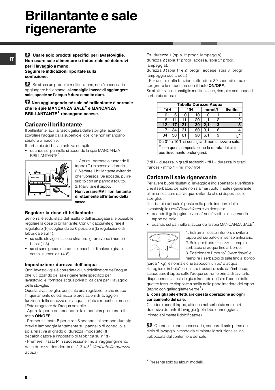 Brillantante e sale rigenerante, Caricare il brillantante, Caricare il sale rigenerante | Hotpoint Ariston LST 116 HA User Manual | Page 8 / 84
