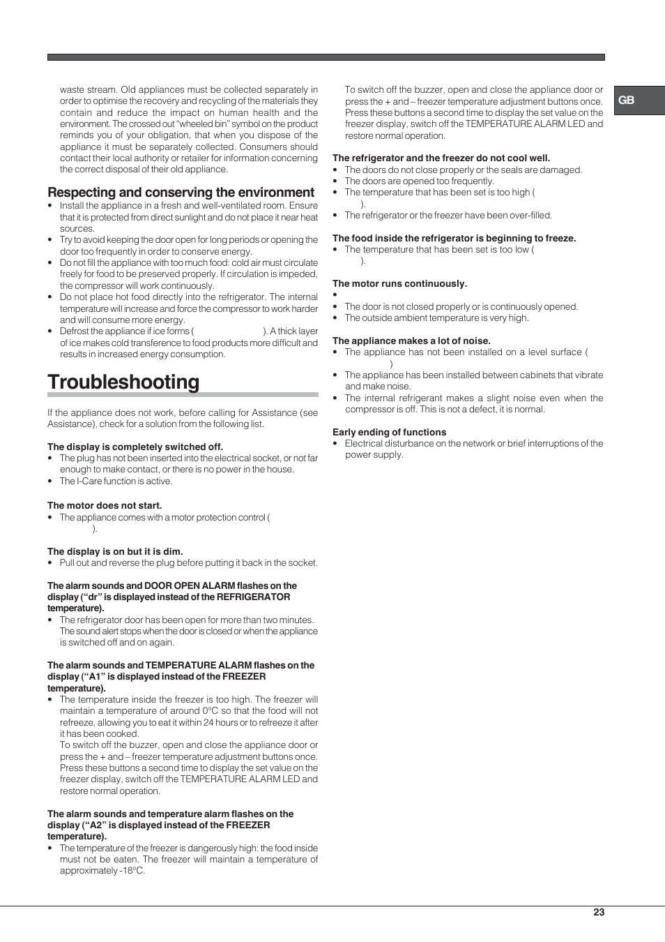 Troubleshooting, Respecting and conserving the environment | Hotpoint Ariston Combinado E4DY AA X C User Manual | Page 23 / 52