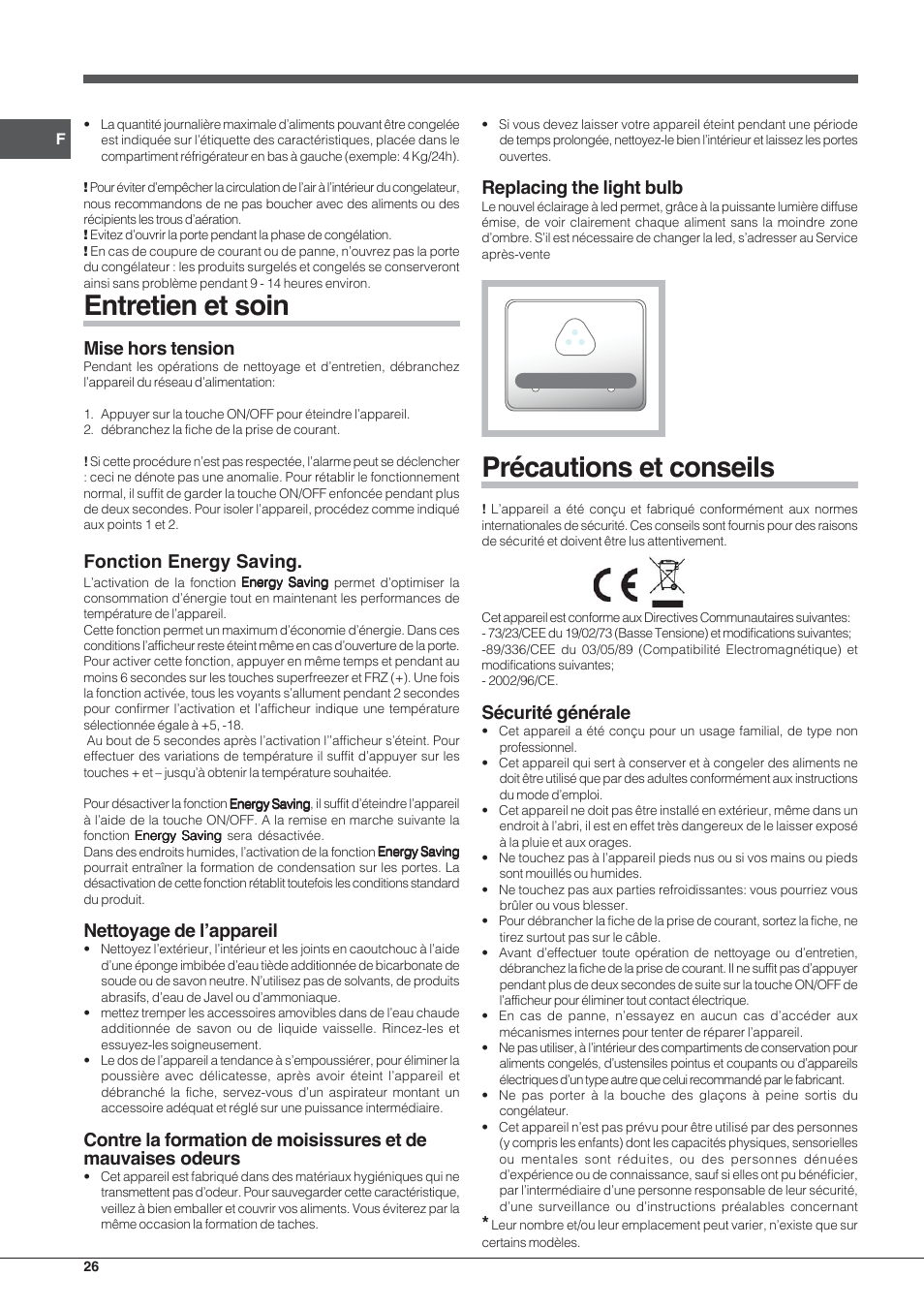 Entretien et soin, Précautions et conseils, Mise hors tension | Fonction energy saving, Nettoyage de l’appareil, Replacing the light bulb, Sécurité générale | Hotpoint Ariston Combinado E4DY AA X C User Manual | Page 26 / 52