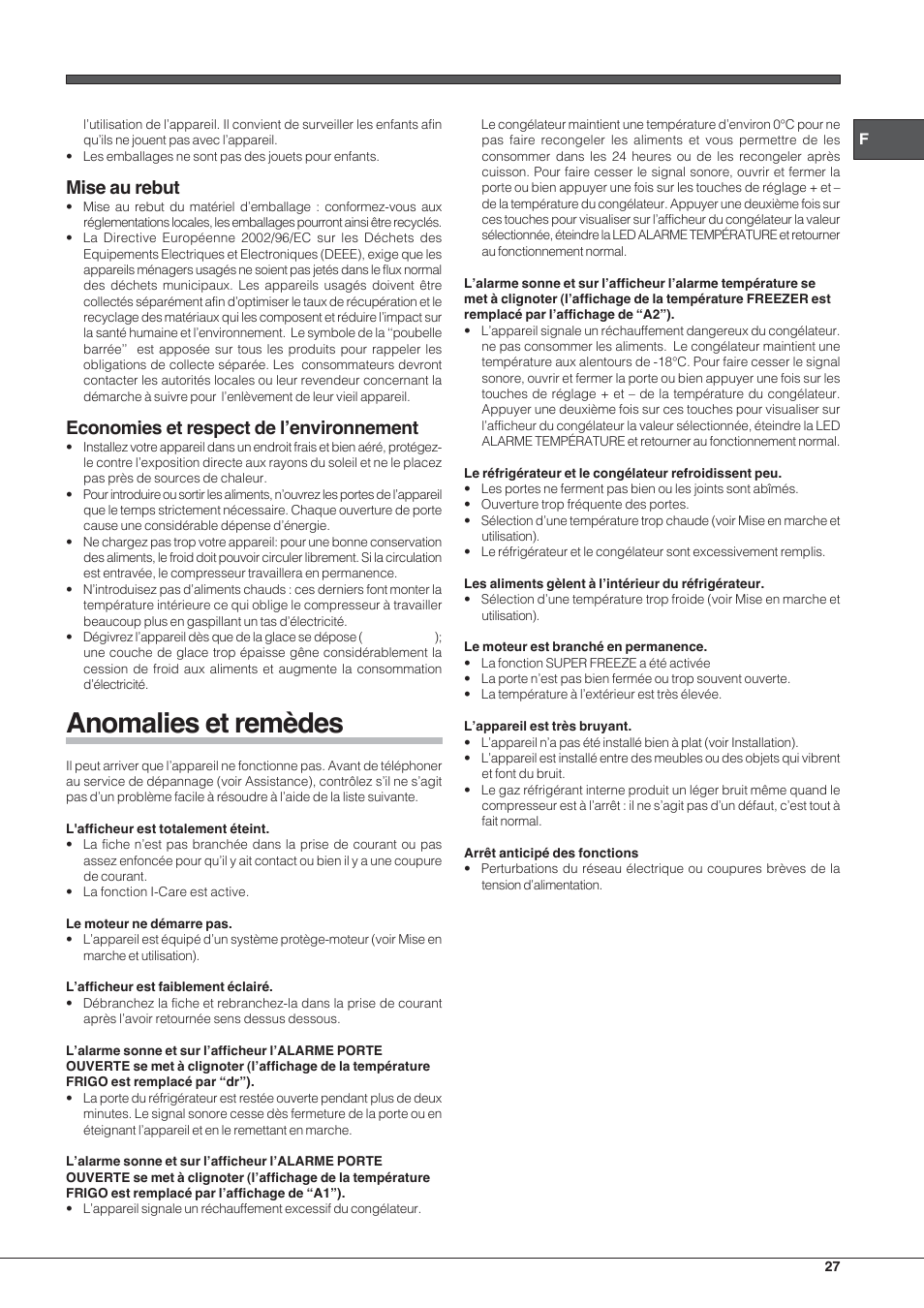 Anomalies et remèdes, Mise au rebut, Economies et respect de l’environnement | Hotpoint Ariston Combinado E4DY AA X C User Manual | Page 27 / 52