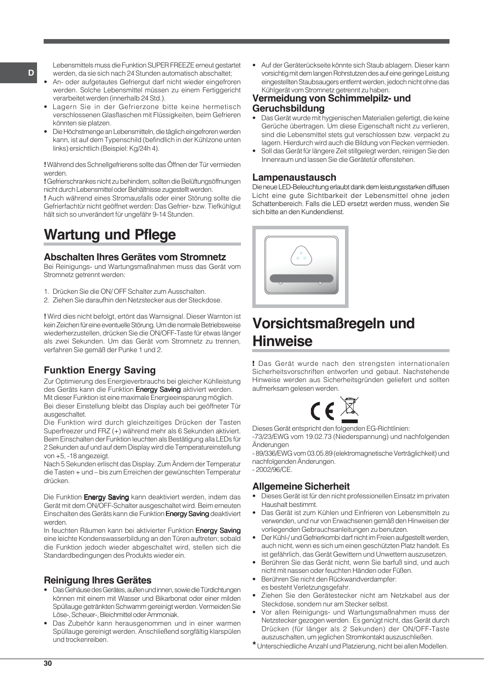 Wartung und pflege, Vorsichtsmaßregeln und hinweise, Abschalten ihres gerätes vom stromnetz | Funktion energy saving, Reinigung ihres gerätes, Vermeidung von schimmelpilz- und geruchsbildung, Lampenaustausch, Allgemeine sicherheit | Hotpoint Ariston Combinado E4DY AA X C User Manual | Page 30 / 52