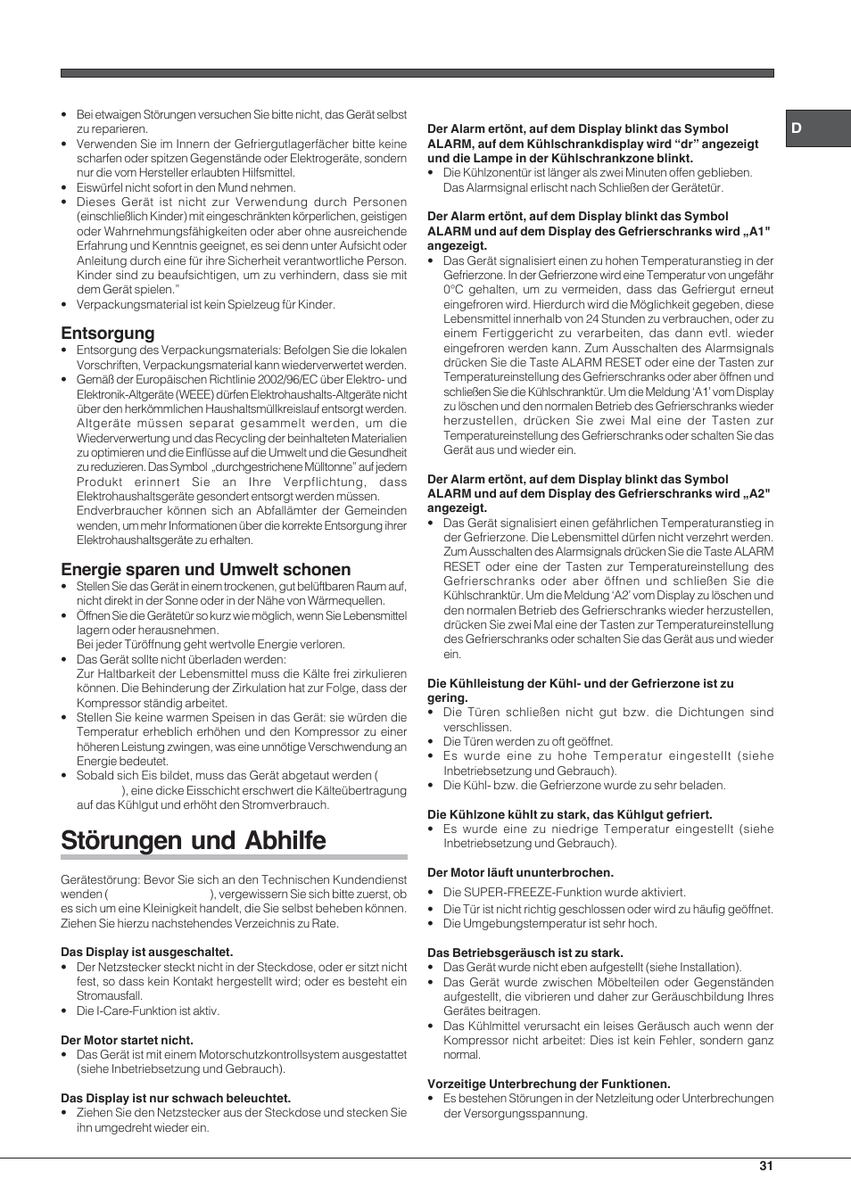 Störungen und abhilfe, Entsorgung, Energie sparen und umwelt schonen | Hotpoint Ariston Combinado E4DY AA X C User Manual | Page 31 / 52