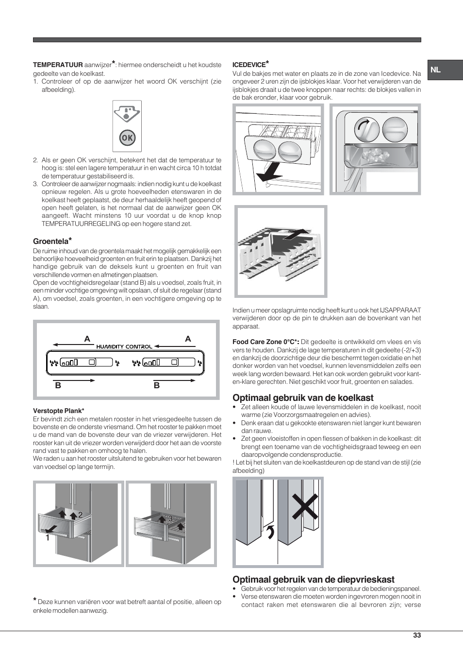 Optimaal gebruik van de koelkast, Optimaal gebruik van de diepvrieskast | Hotpoint Ariston Combinado E4DY AA X C User Manual | Page 33 / 52