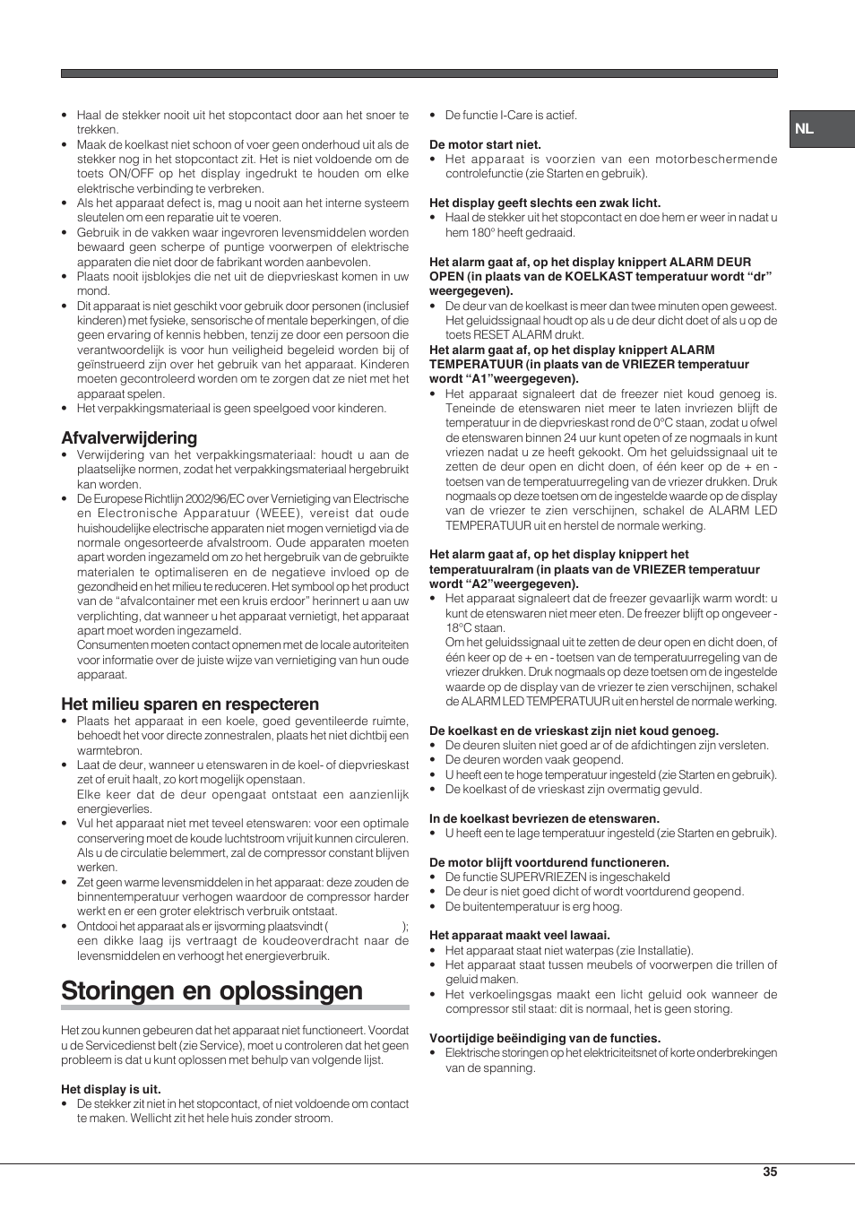 Storingen en oplossingen, Afvalverwijdering, Het milieu sparen en respecteren | Hotpoint Ariston Combinado E4DY AA X C User Manual | Page 35 / 52