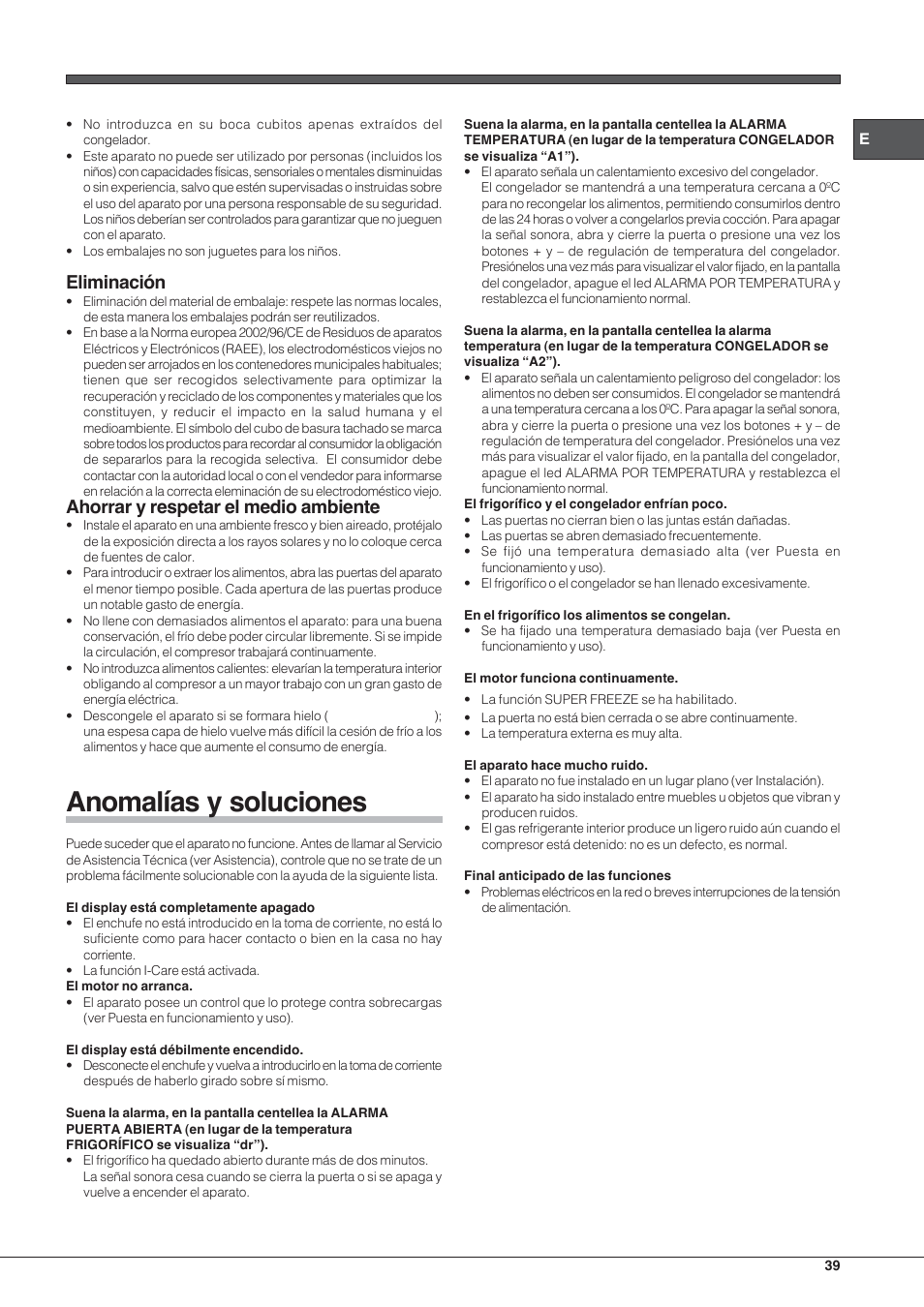 Anomalías y soluciones, Eliminación, Ahorrar y respetar el medio ambiente | Hotpoint Ariston Combinado E4DY AA X C User Manual | Page 39 / 52