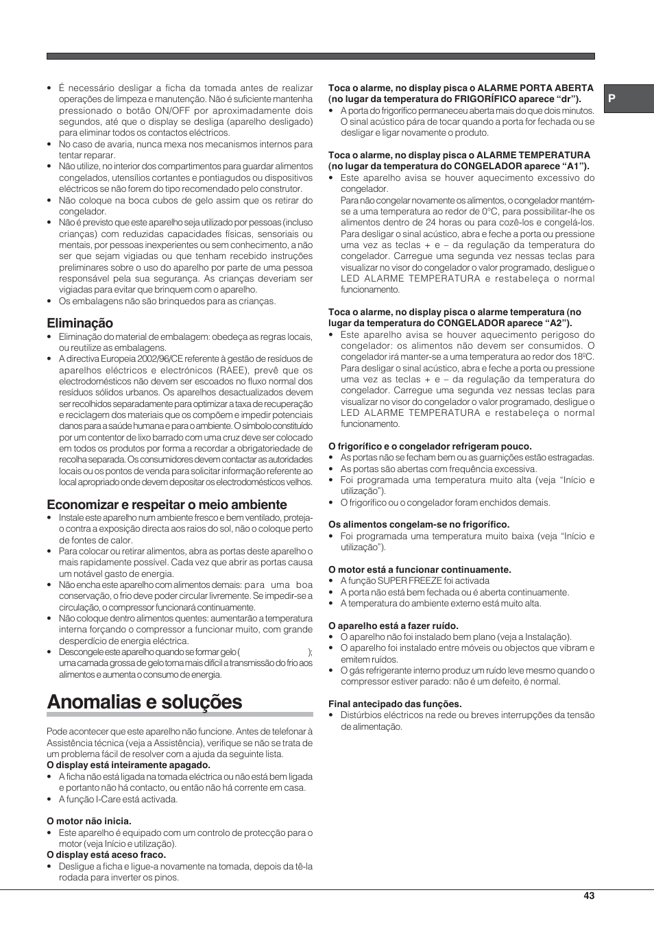 Anomalias e soluções, Eliminação, Economizar e respeitar o meio ambiente | Hotpoint Ariston Combinado E4DY AA X C User Manual | Page 43 / 52