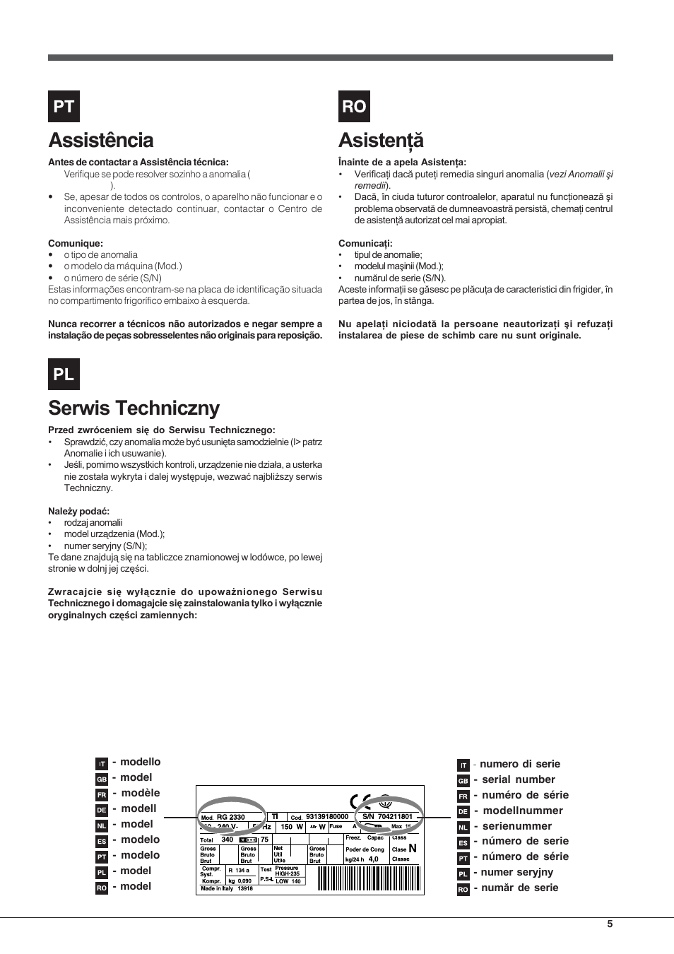 Assistência | Hotpoint Ariston Combinado E4DY AA X C User Manual | Page 5 / 52