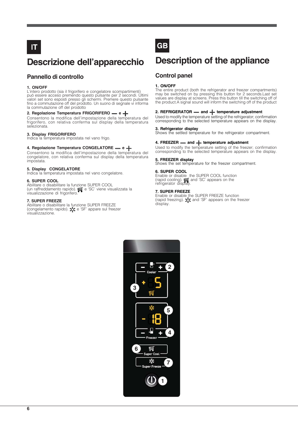 Descrizione dell’apparecchio, Description of the appliance, Pannello di controllo | Control panel | Hotpoint Ariston Combinado E4DY AA X C User Manual | Page 6 / 52