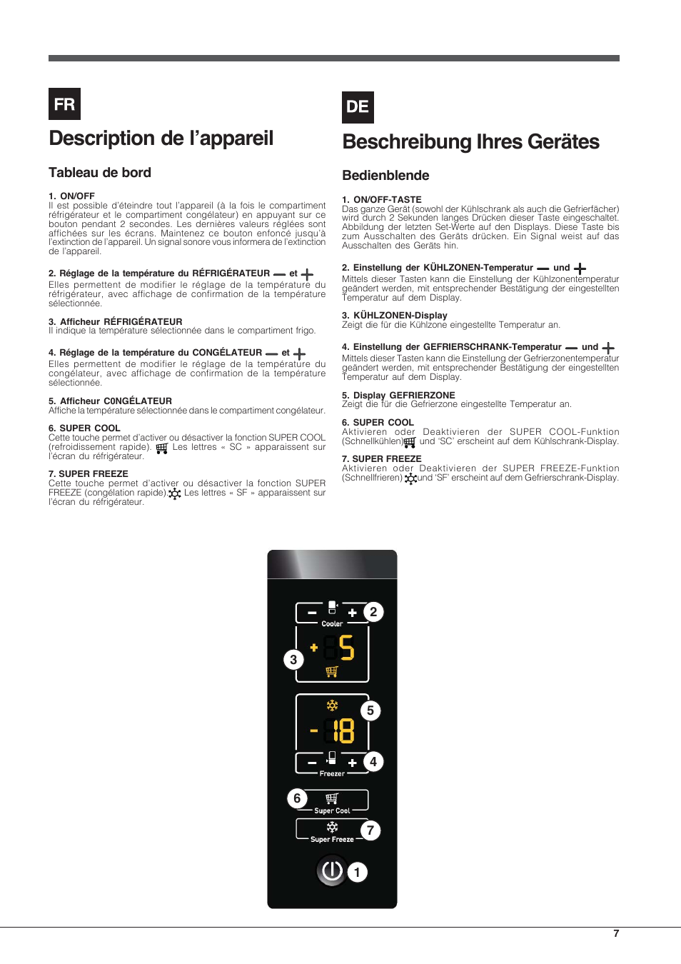 Description de l’appareil, Beschreibung ihres gerätes, Tableau de bord | Bedienblende | Hotpoint Ariston Combinado E4DY AA X C User Manual | Page 7 / 52
