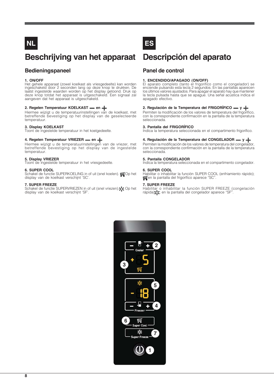Beschrijving van het apparaat, Descripción del aparato, Bedieningspaneel | Panel de control | Hotpoint Ariston Combinado E4DY AA X C User Manual | Page 8 / 52