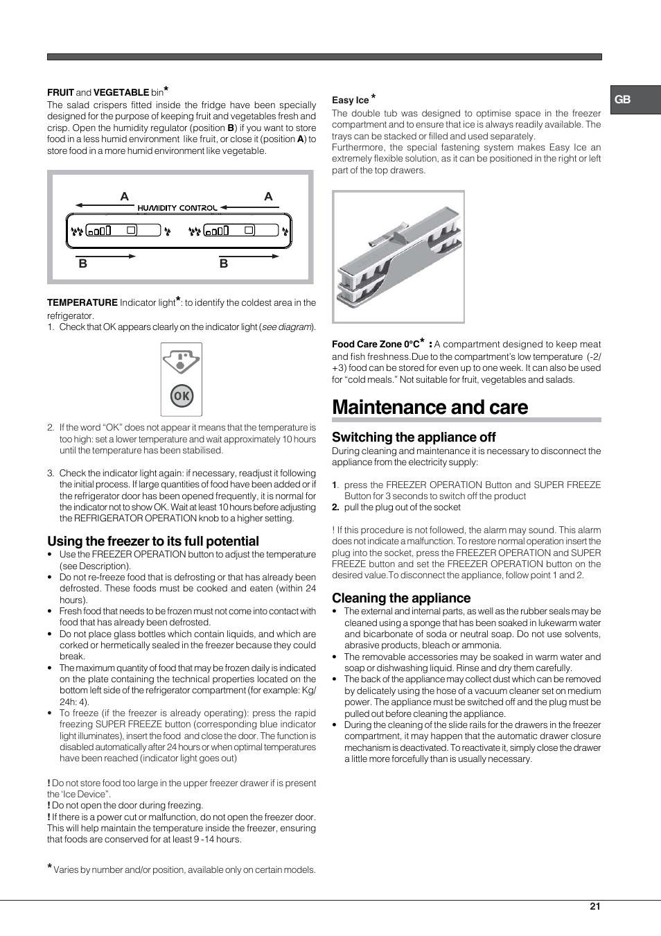 Maintenance and care, Using the freezer to its full potential, Switching the appliance off | Cleaning the appliance | Hotpoint Ariston E3D AA X User Manual | Page 21 / 52