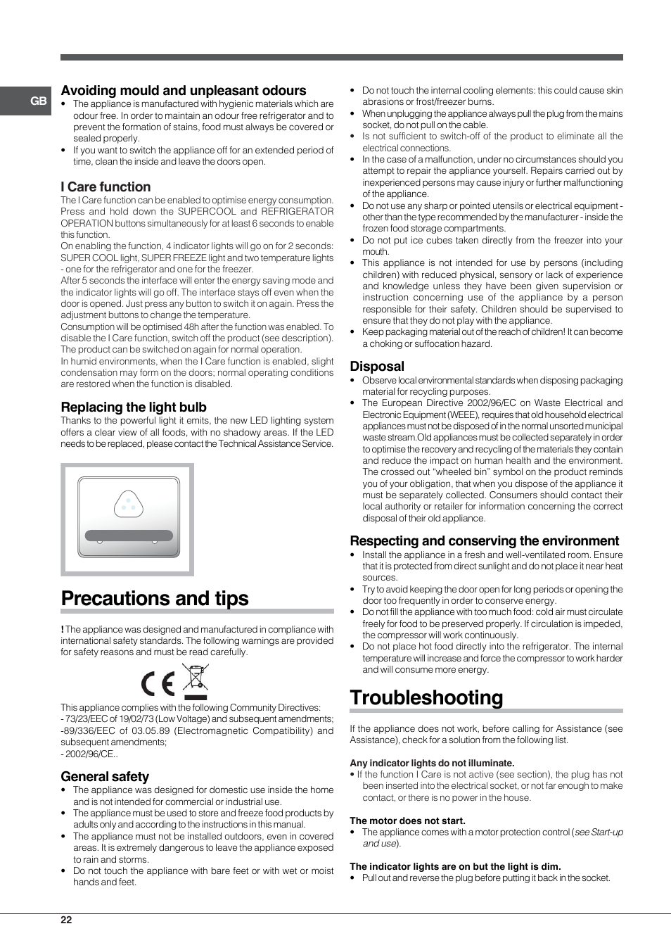 Precautions and tips, Troubleshooting, Avoiding mould and unpleasant odours | I care function, Replacing the light bulb, General safety, Disposal, Respecting and conserving the environment | Hotpoint Ariston E3D AA X User Manual | Page 22 / 52