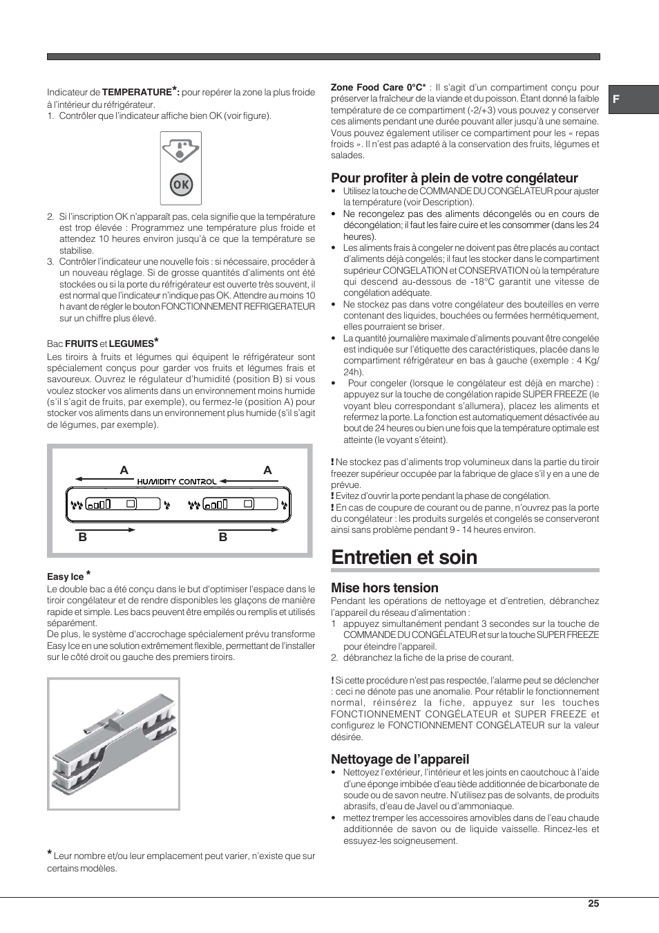 Entretien et soin, Pour profiter à plein de votre congélateur, Mise hors tension | Nettoyage de l’appareil | Hotpoint Ariston E3D AA X User Manual | Page 25 / 52