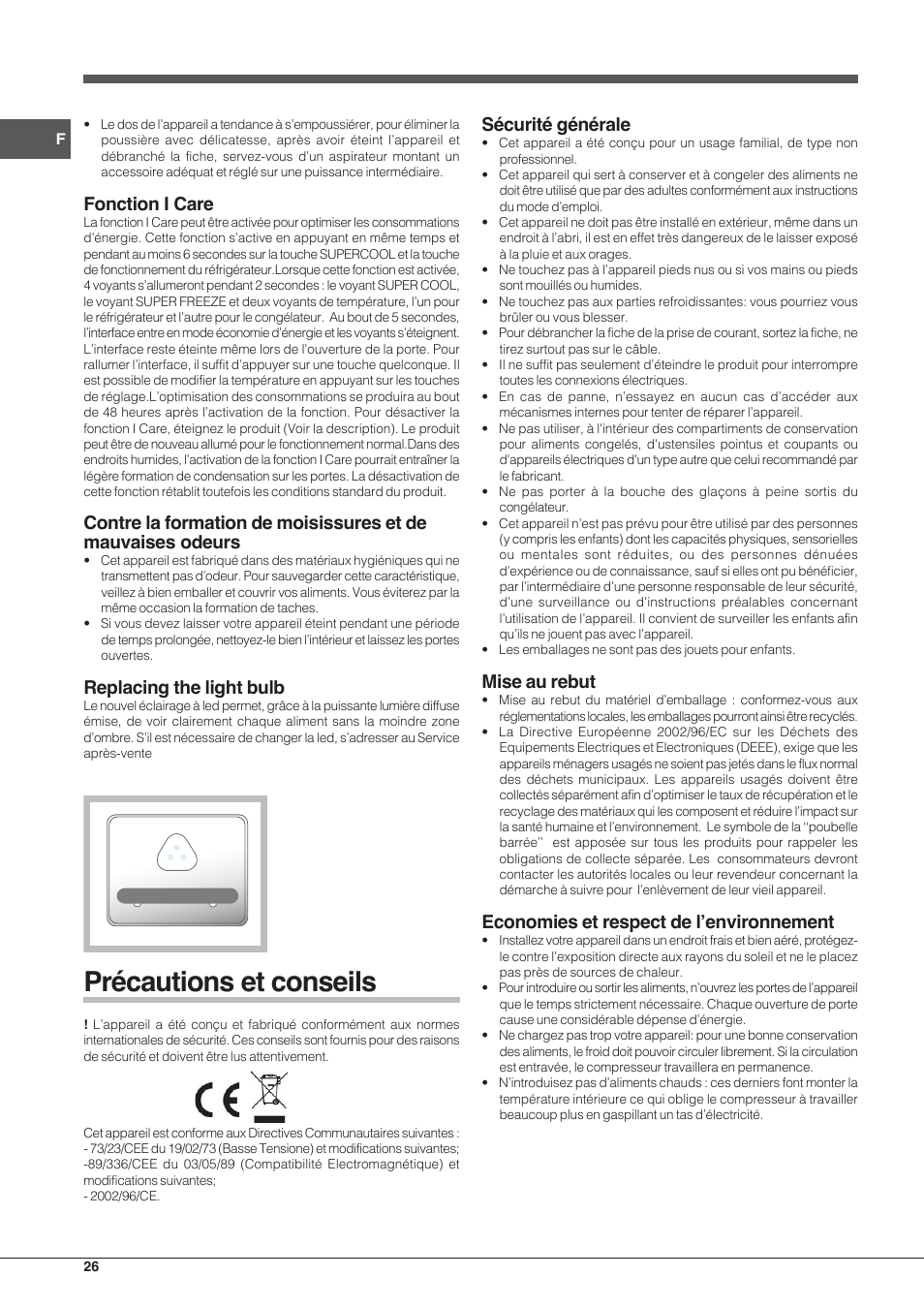 Précautions et conseils, Fonction i care, Replacing the light bulb | Sécurité générale, Mise au rebut, Economies et respect de l’environnement | Hotpoint Ariston E3D AA X User Manual | Page 26 / 52