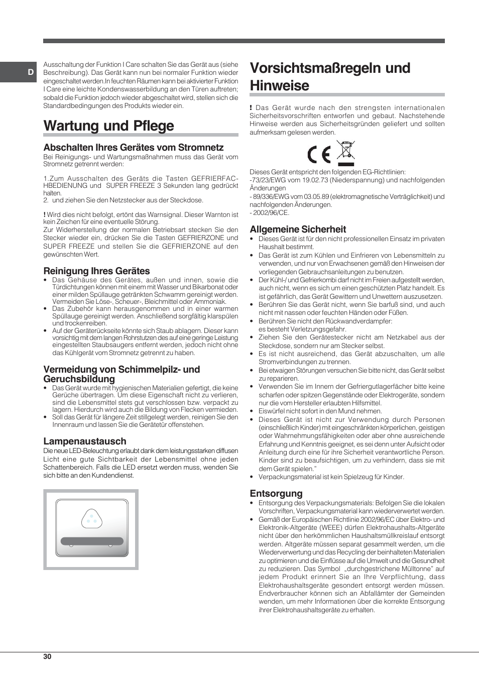 Wartung und pflege, Vorsichtsmaßregeln und hinweise, Abschalten ihres gerätes vom stromnetz | Reinigung ihres gerätes, Vermeidung von schimmelpilz- und geruchsbildung, Lampenaustausch, Allgemeine sicherheit, Entsorgung | Hotpoint Ariston E3D AA X User Manual | Page 30 / 52