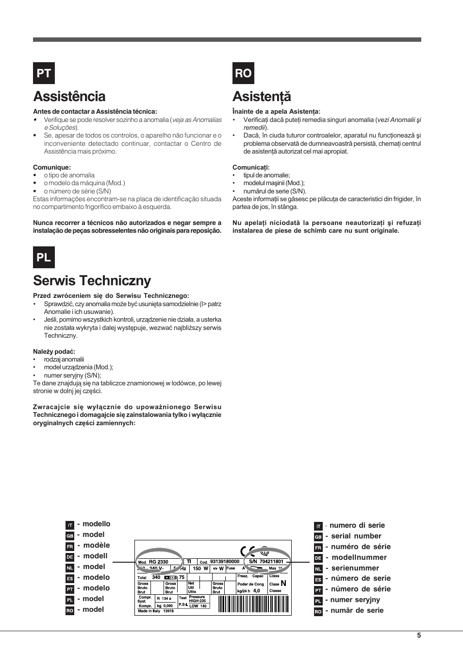 Assistência | Hotpoint Ariston E3D AA X User Manual | Page 5 / 52