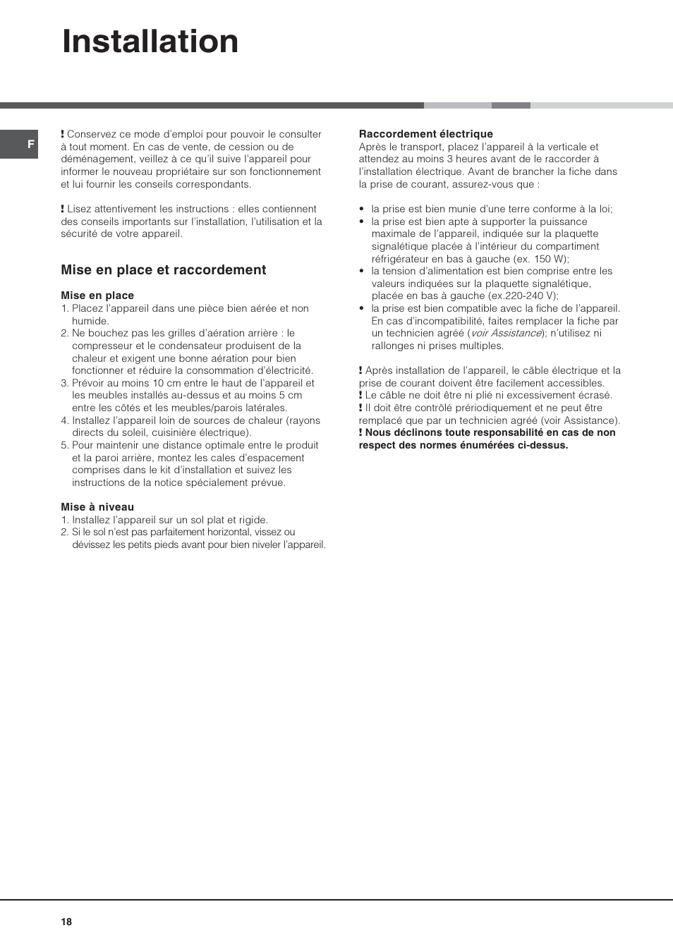 Installation, Mise en place et raccordement | Hotpoint Ariston Doble puerta NMTM 1921 FWB-HA User Manual | Page 18 / 32