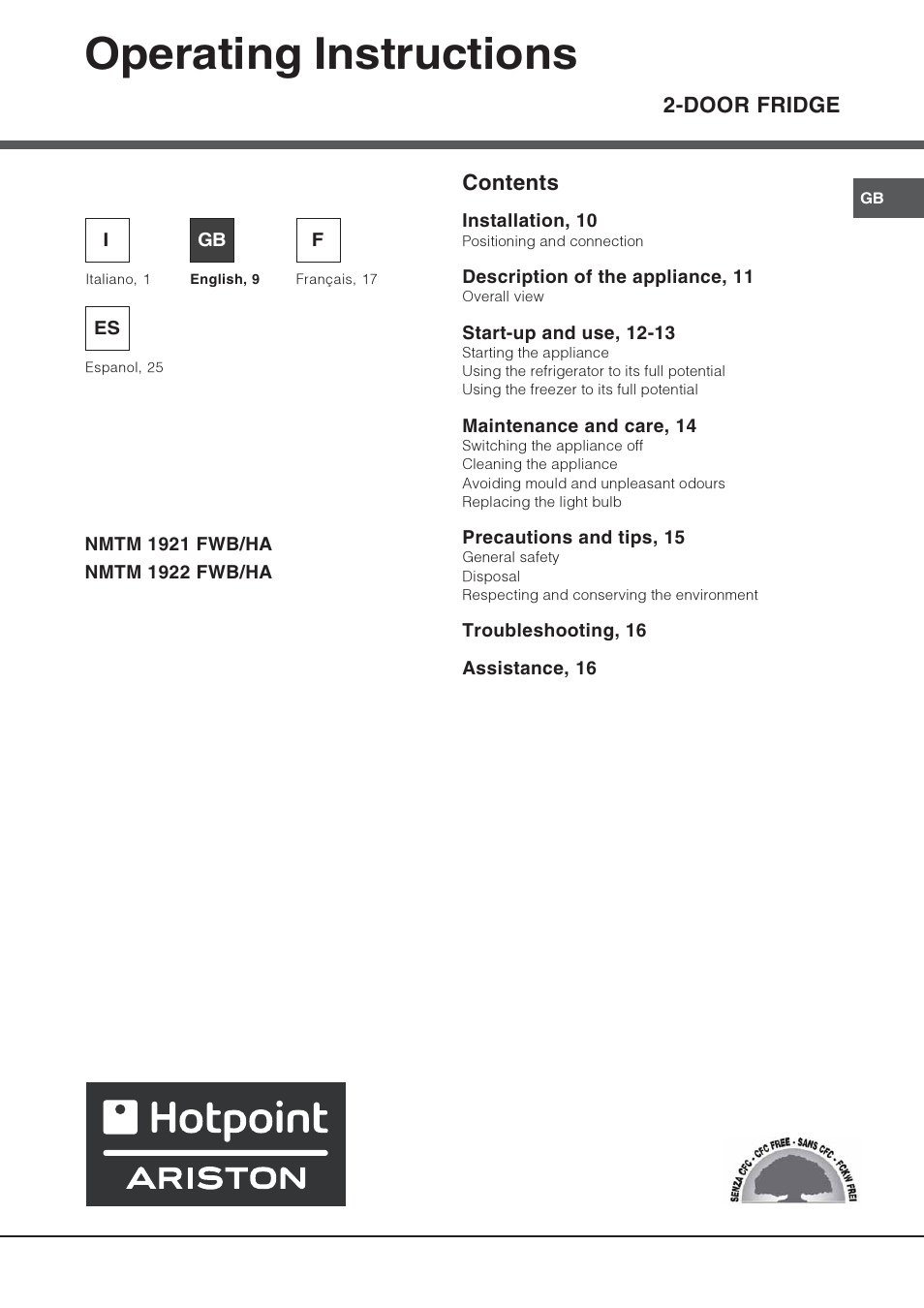 Operating instructions, Door fridge contents | Hotpoint Ariston Doble puerta NMTM 1921 FWB-HA User Manual | Page 9 / 32