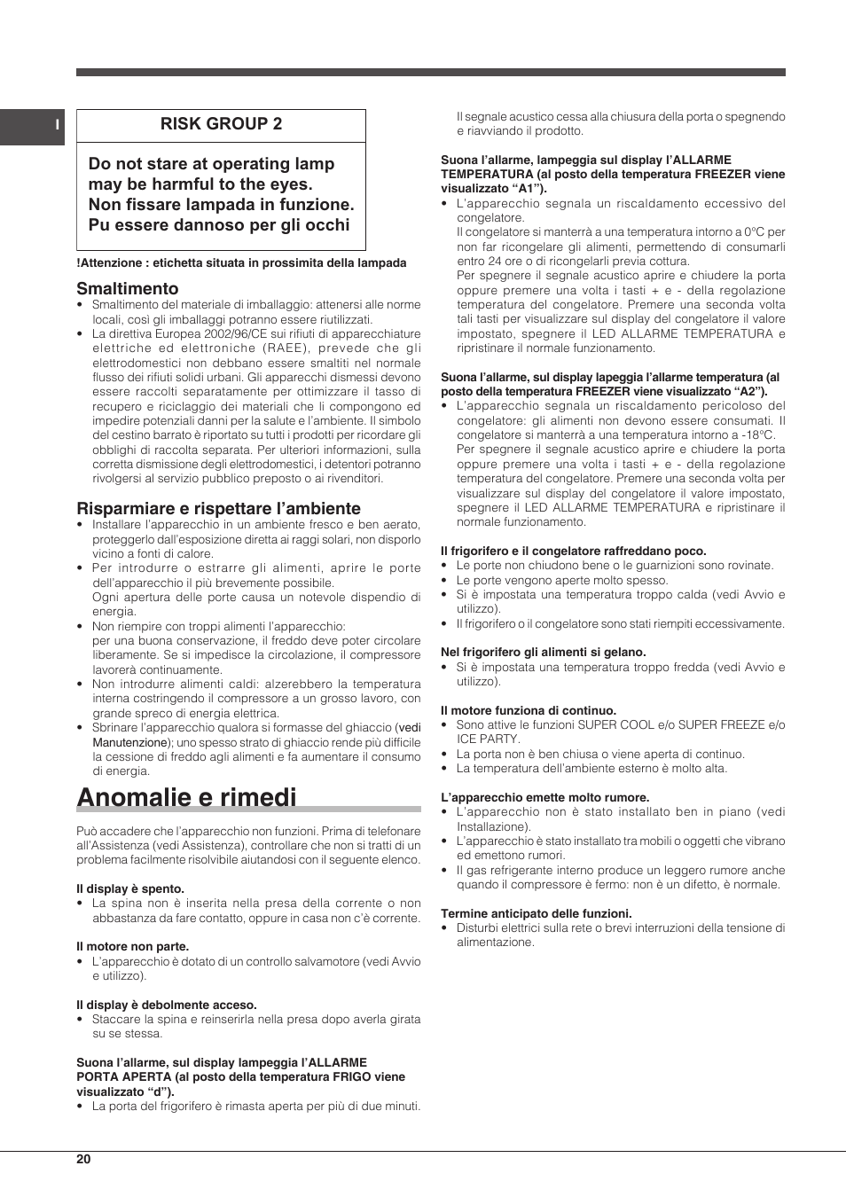Anomalie e rimedi, Smaltimento, Risparmiare e rispettare l’ambiente | Hotpoint Ariston Combinado EBQH 20223 F User Manual | Page 20 / 52