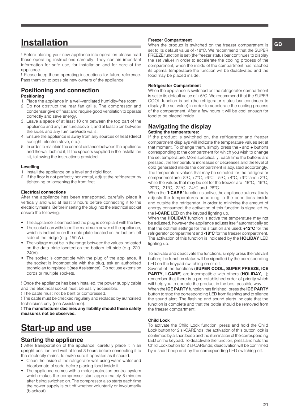 Installation, Start-up and use, Positioning and connection | Starting the appliance, Navigating the display | Hotpoint Ariston Combinado EBQH 20223 F User Manual | Page 21 / 52