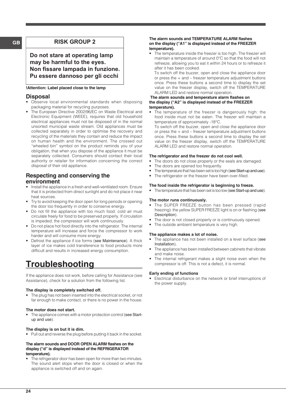 Troubleshooting, Disposal, Respecting and conserving the environment | Hotpoint Ariston Combinado EBQH 20223 F User Manual | Page 24 / 52