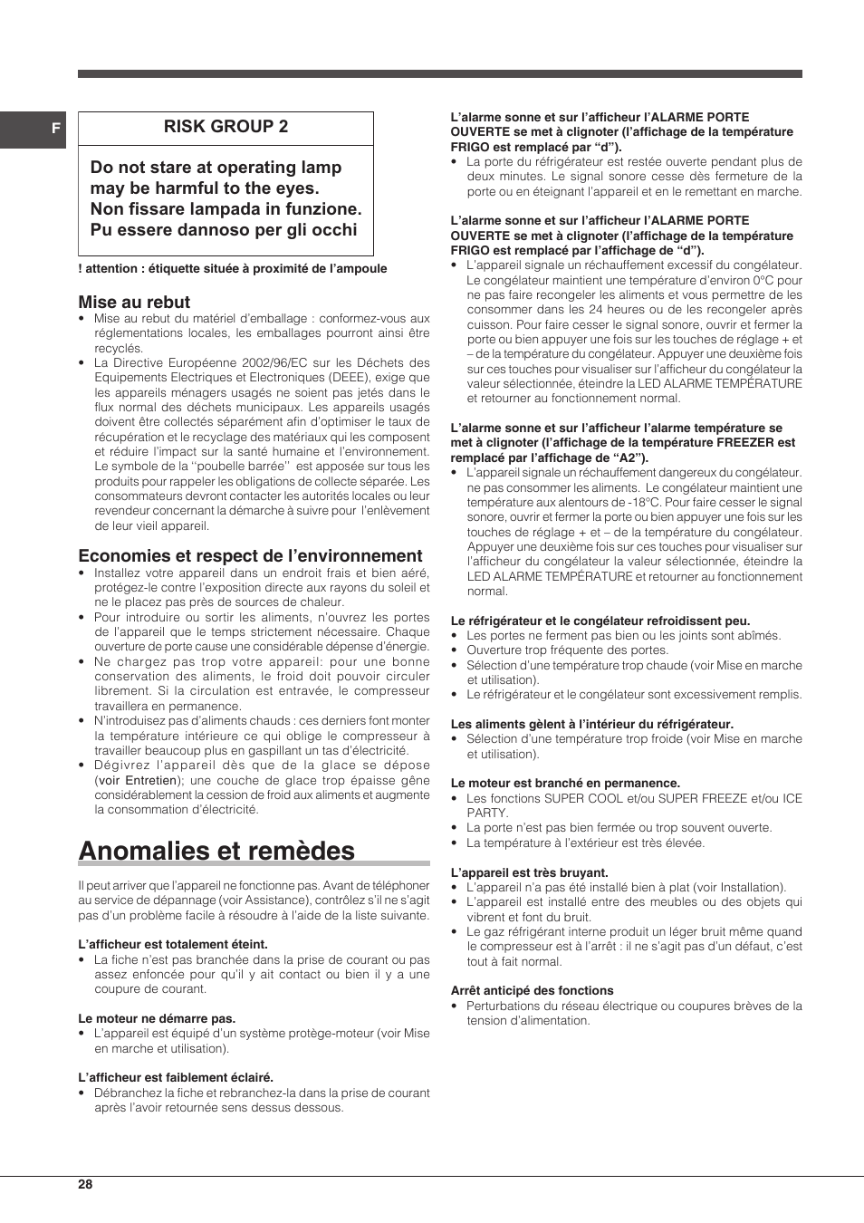 Anomalies et remèdes, Mise au rebut, Economies et respect de l’environnement | Hotpoint Ariston Combinado EBQH 20223 F User Manual | Page 28 / 52