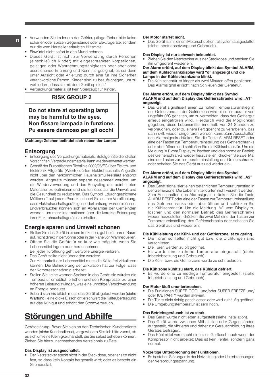 Störungen und abhilfe, Entsorgung, Energie sparen und umwelt schonen | Hotpoint Ariston Combinado EBQH 20223 F User Manual | Page 32 / 52