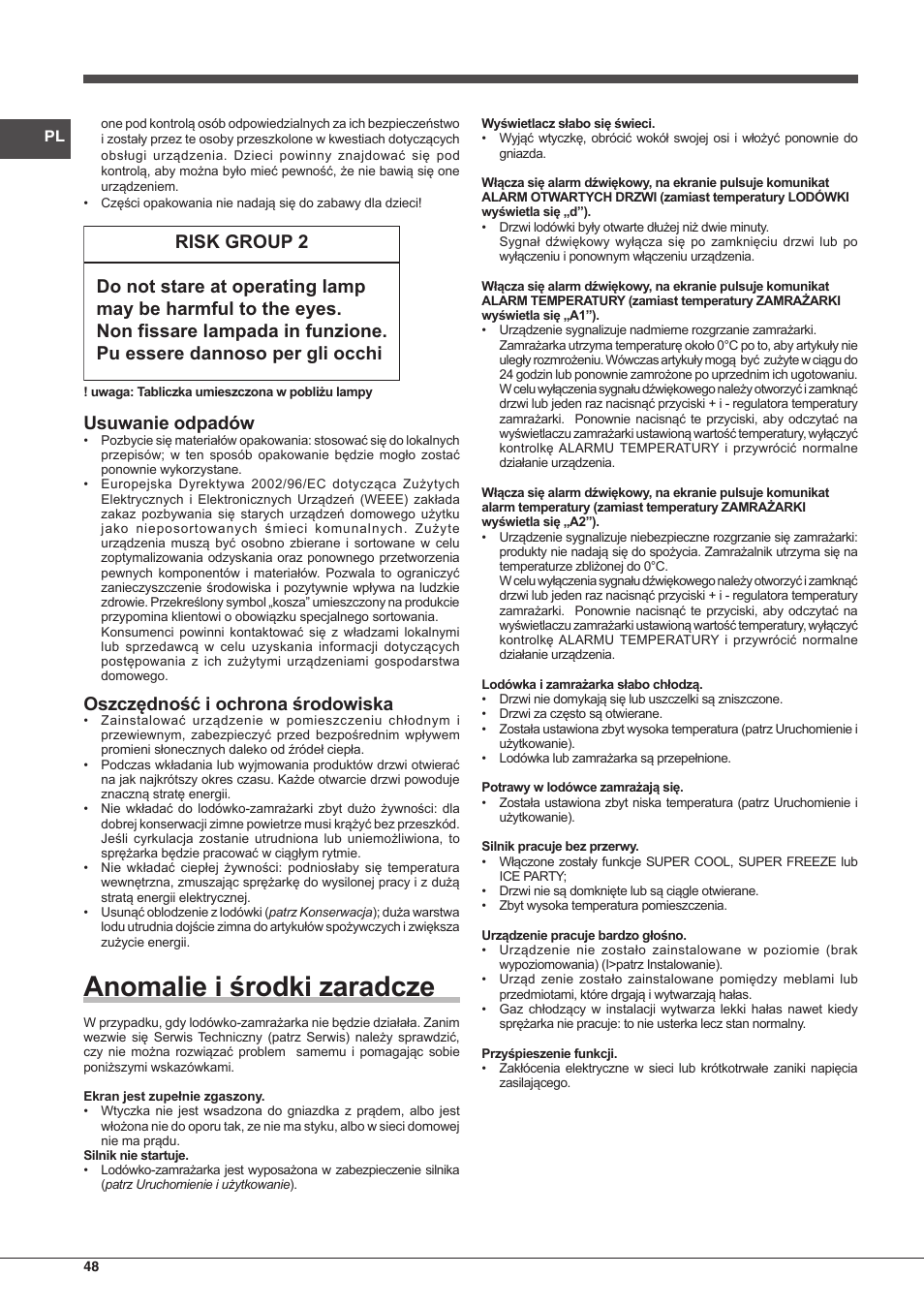 Anomalie i środki zaradcze, Usuwanie odpadów, Oszczędność i ochrona środowiska | Hotpoint Ariston Combinado EBQH 20223 F User Manual | Page 48 / 52