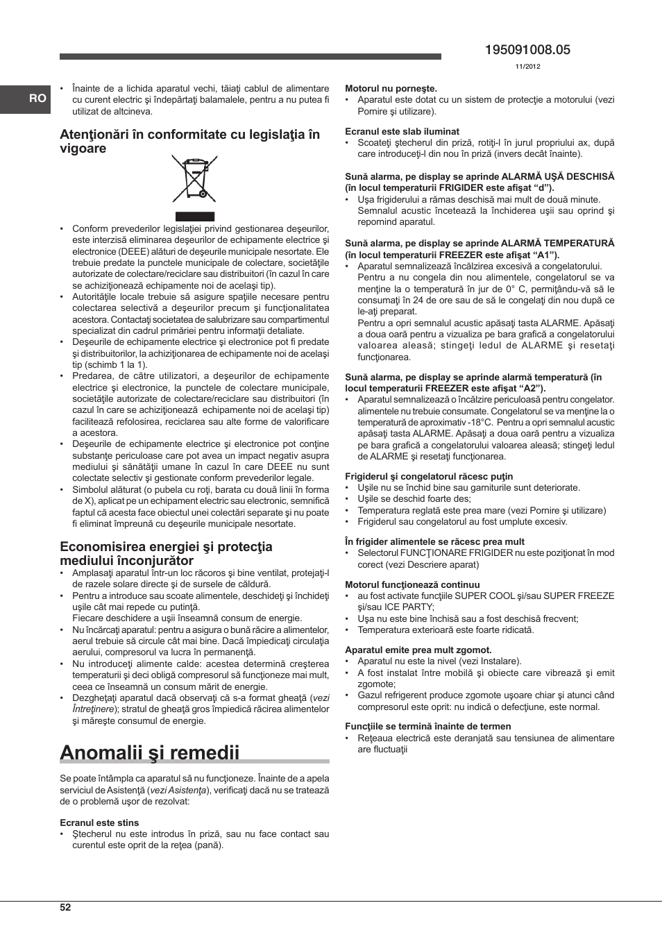Anomalii şi remedii | Hotpoint Ariston Combinado EBQH 20223 F User Manual | Page 52 / 52