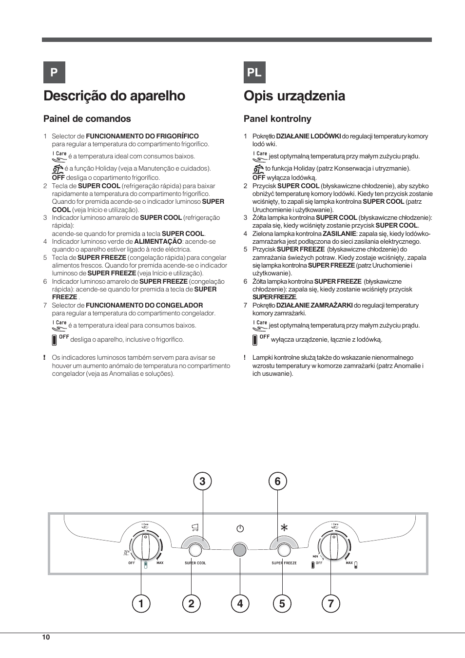 Descrição do aparelho, Painel de comandos | Hotpoint Ariston Combinado EBL 20311 V User Manual | Page 10 / 64