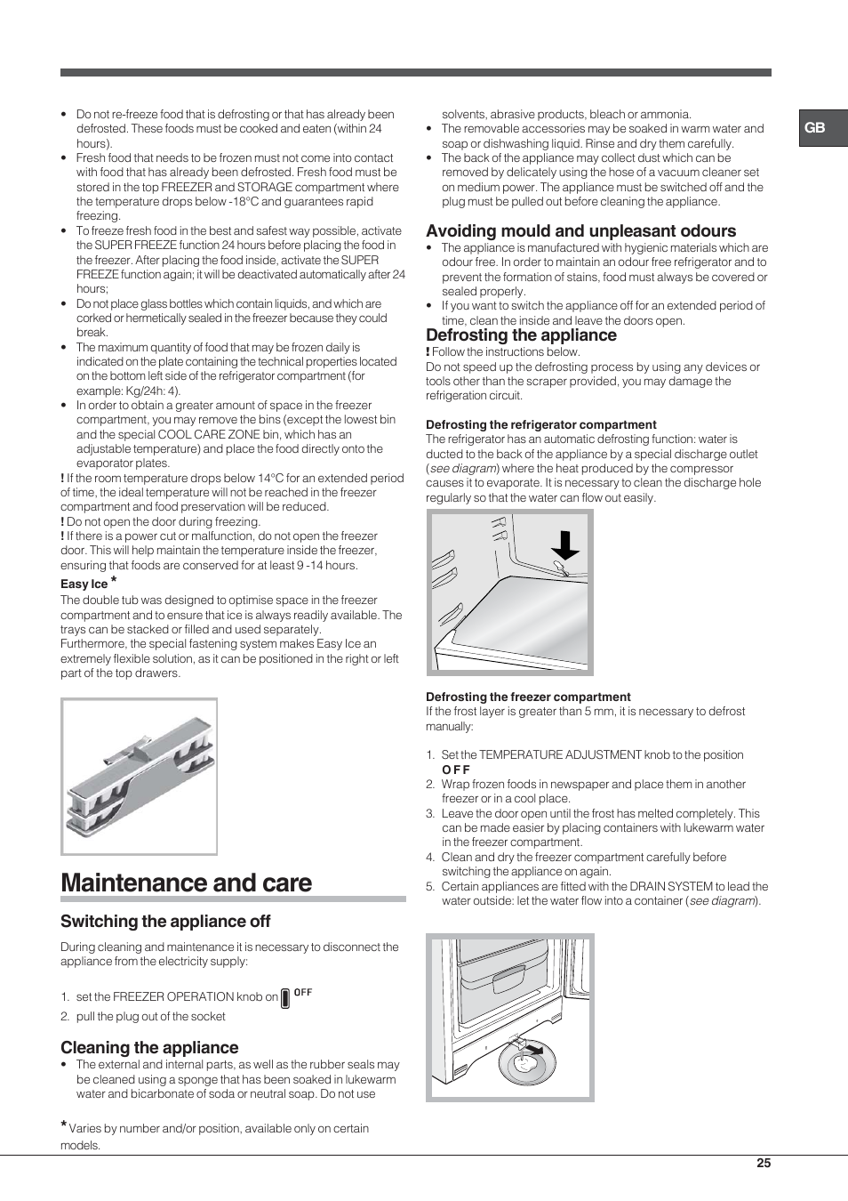 Maintenance and care, Switching the appliance off, Cleaning the appliance | Avoiding mould and unpleasant odours, Defrosting the appliance | Hotpoint Ariston Combinado EBL 20311 V User Manual | Page 25 / 64