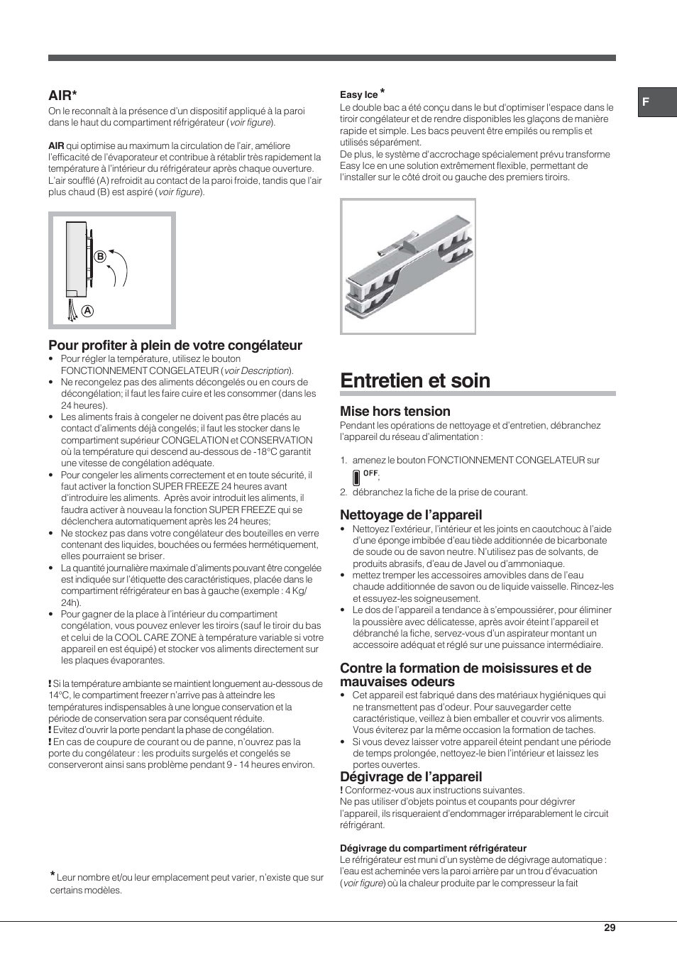Entretien et soin, Pour profiter à plein de votre congélateur, Mise hors tension | Nettoyage de l’appareil, Dégivrage de l’appareil | Hotpoint Ariston Combinado EBL 20311 V User Manual | Page 29 / 64