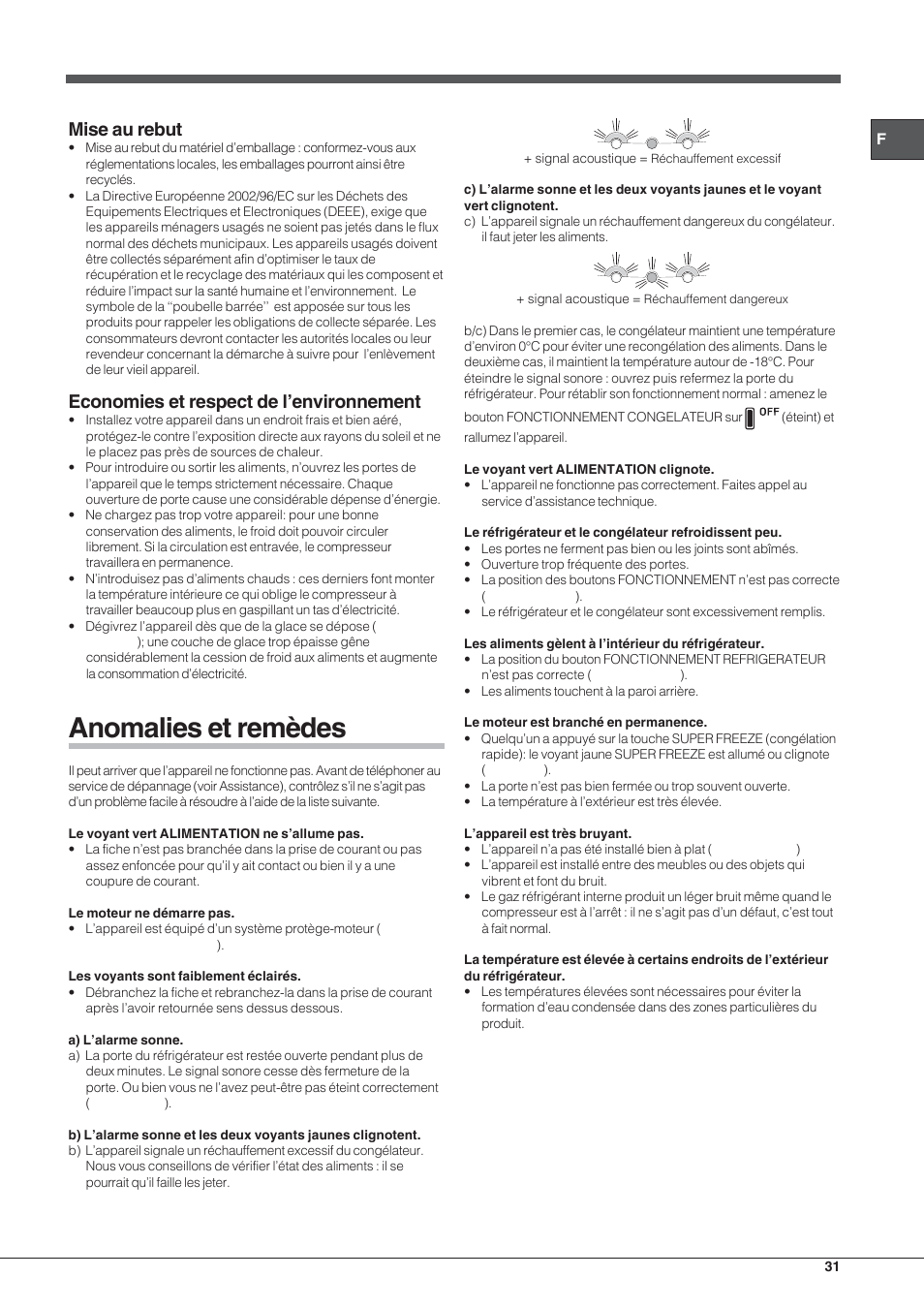 Anomalies et remèdes, Mise au rebut, Economies et respect de l’environnement | Hotpoint Ariston Combinado EBL 20311 V User Manual | Page 31 / 64