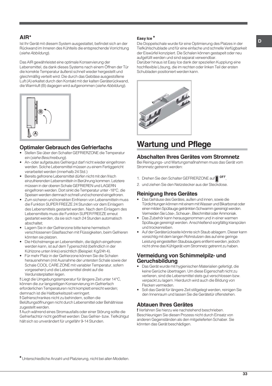 Wartung und pflege, Optimaler gebrauch des gefrierfachs, Abschalten ihres gerätes vom stromnetz | Reinigung ihres gerätes, Vermeidung von schimmelpilz- und geruchsbildung, Abtauen ihres gerätes | Hotpoint Ariston Combinado EBL 20311 V User Manual | Page 33 / 64