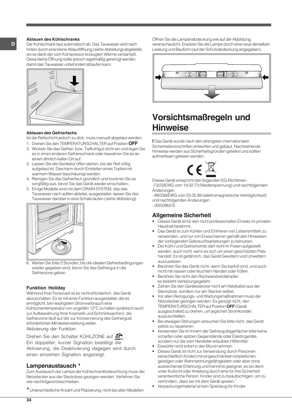 Vorsichtsmaßregeln und hinweise, Lampenaustausch, Allgemeine sicherheit | Hotpoint Ariston Combinado EBL 20311 V User Manual | Page 34 / 64
