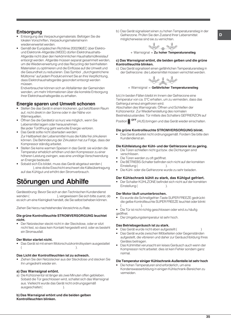 Störungen und abhilfe, Entsorgung, Energie sparen und umwelt schonen | Hotpoint Ariston Combinado EBL 20311 V User Manual | Page 35 / 64