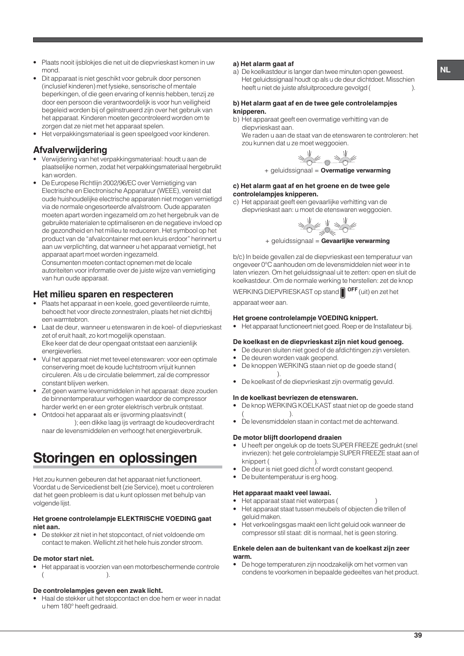 Storingen en oplossingen, Afvalverwijdering, Het milieu sparen en respecteren | Hotpoint Ariston Combinado EBL 20311 V User Manual | Page 39 / 64