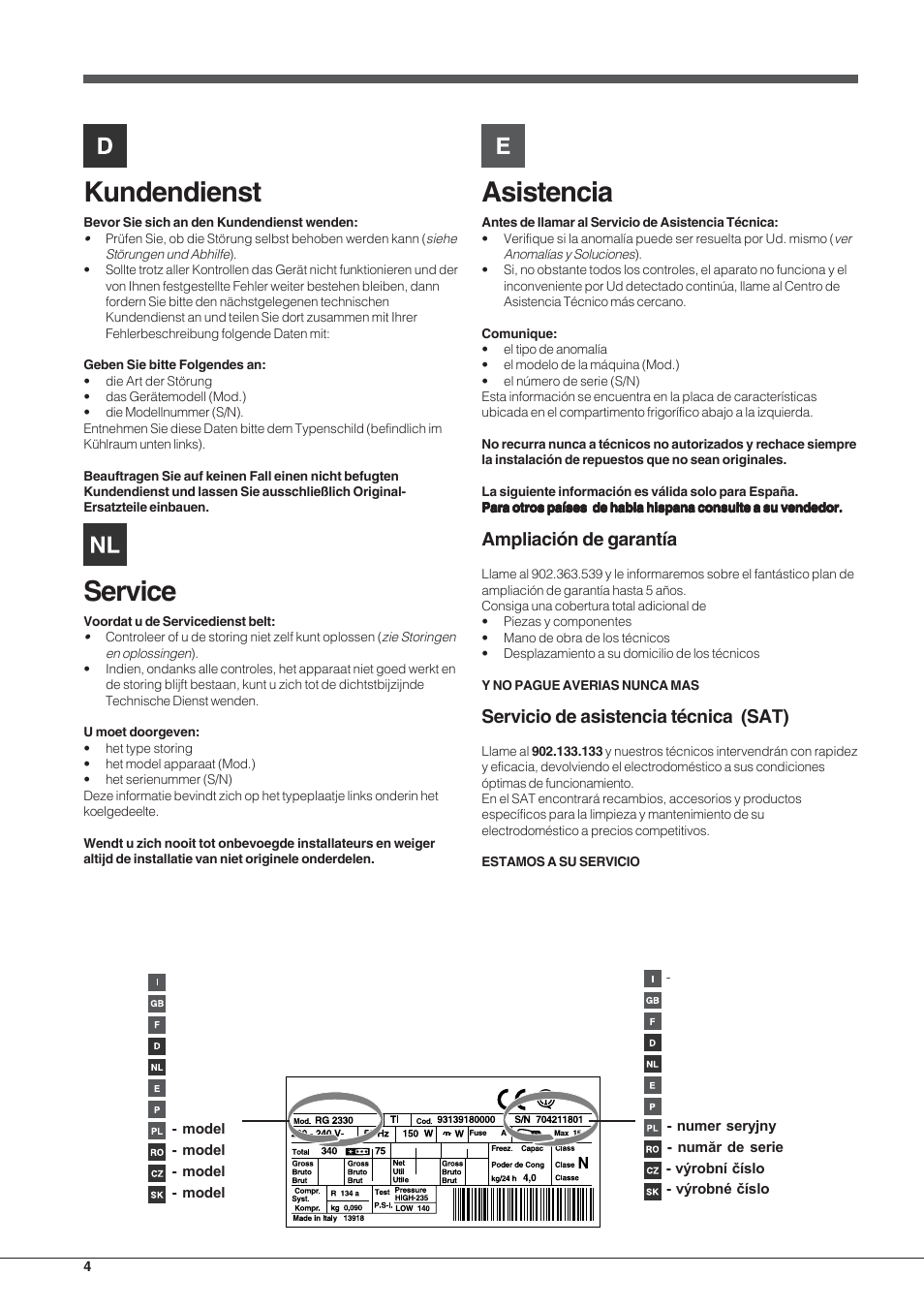 Kundendienst, Service, Asistencia | Ampliación de garantía, Servicio de asistencia técnica (sat) | Hotpoint Ariston Combinado EBL 20311 V User Manual | Page 4 / 64