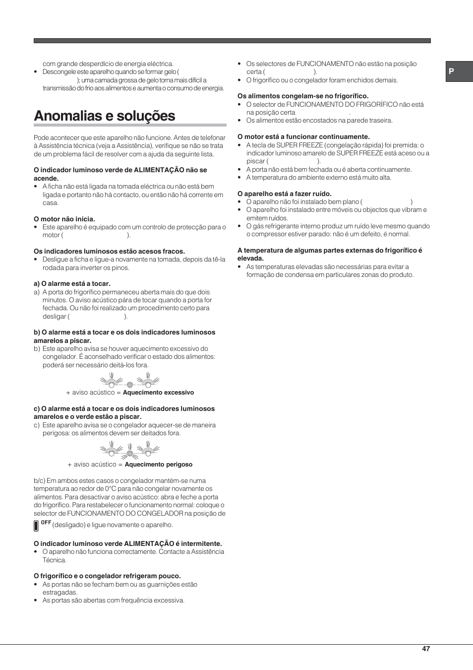 Anomalias e soluções | Hotpoint Ariston Combinado EBL 20311 V User Manual | Page 47 / 64