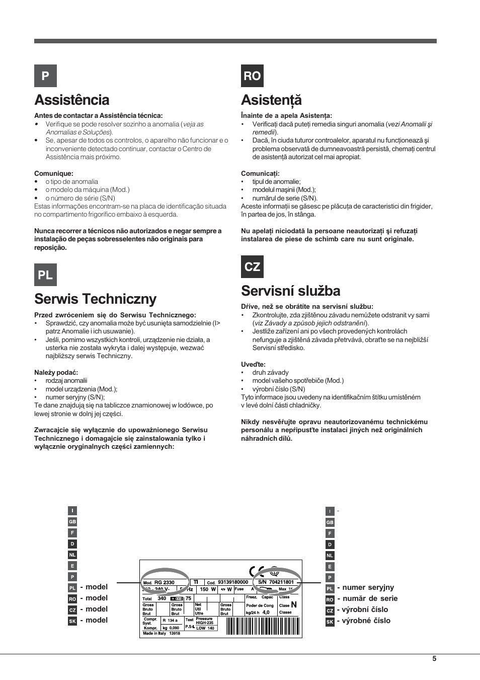 Assistência | Hotpoint Ariston Combinado EBL 20311 V User Manual | Page 5 / 64