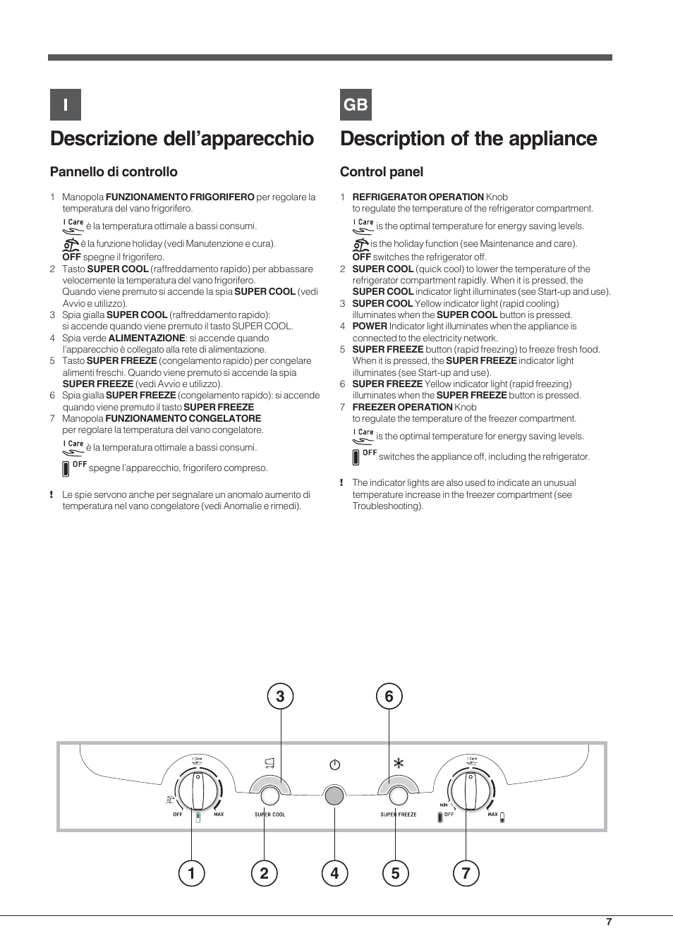Descrizione dell’apparecchio, Description of the appliance, Pannello di controllo | Control panel | Hotpoint Ariston Combinado EBL 20311 V User Manual | Page 7 / 64