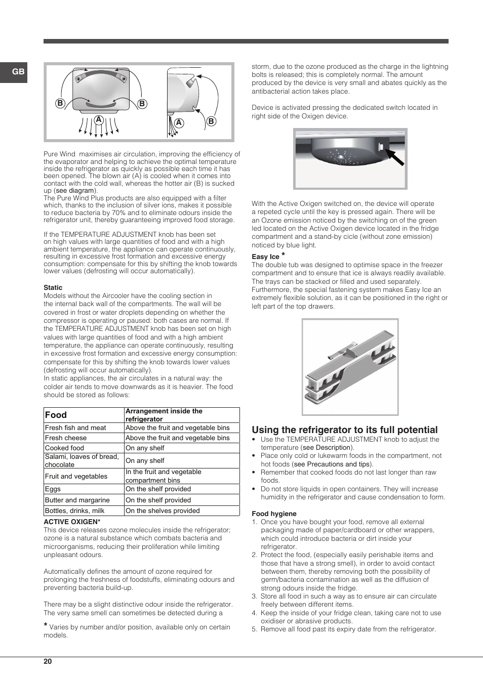 Using the refrigerator to its full potential, Food | Hotpoint Ariston Combinado EBMH 18211 V O3 User Manual | Page 20 / 64