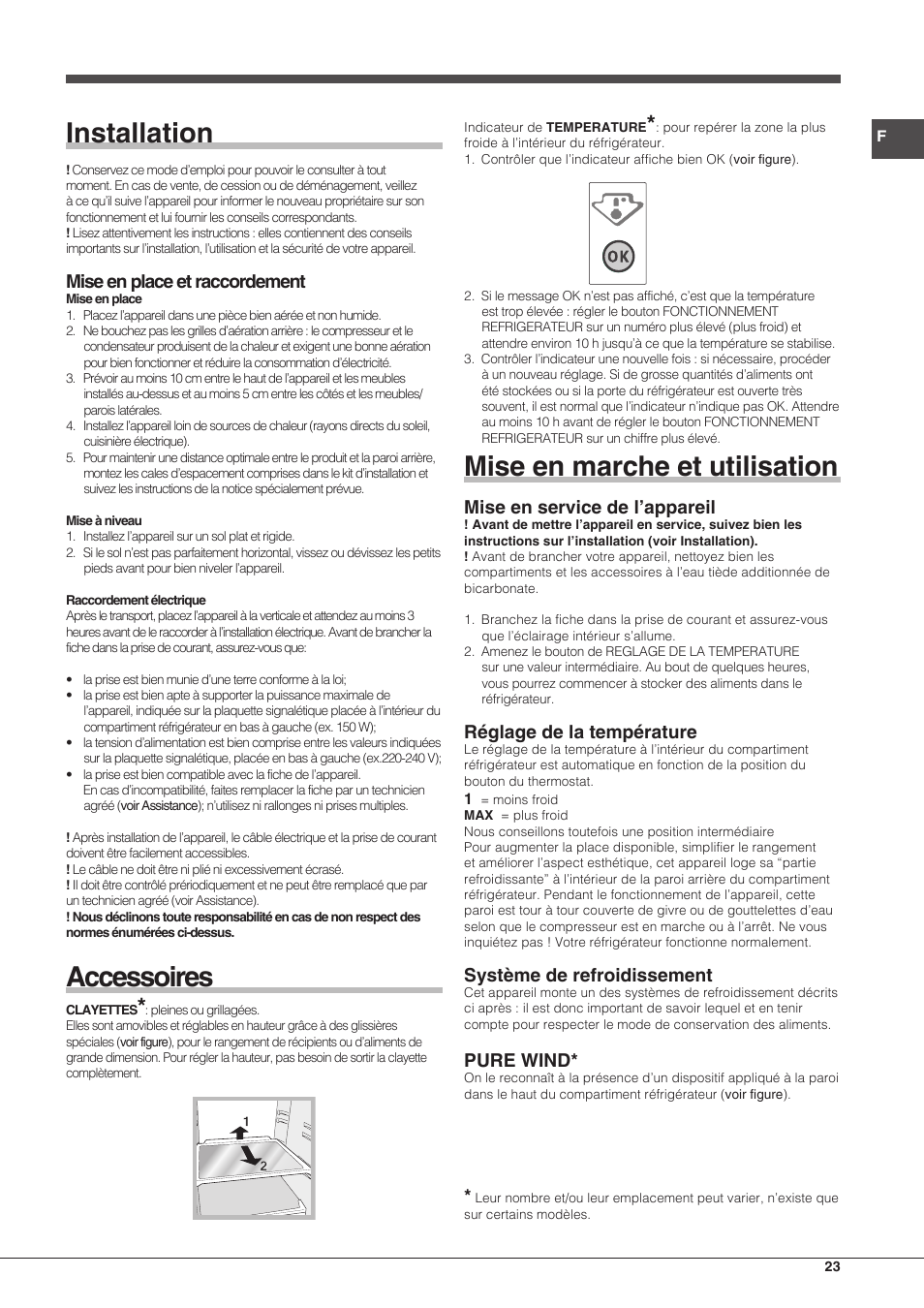 Installation, Accessoires, Mise en marche et utilisation | Mise en place et raccordement, Mise en service de l’appareil, Réglage de la température, Système de refroidissement, Pure wind | Hotpoint Ariston Combinado EBMH 18211 V O3 User Manual | Page 23 / 64