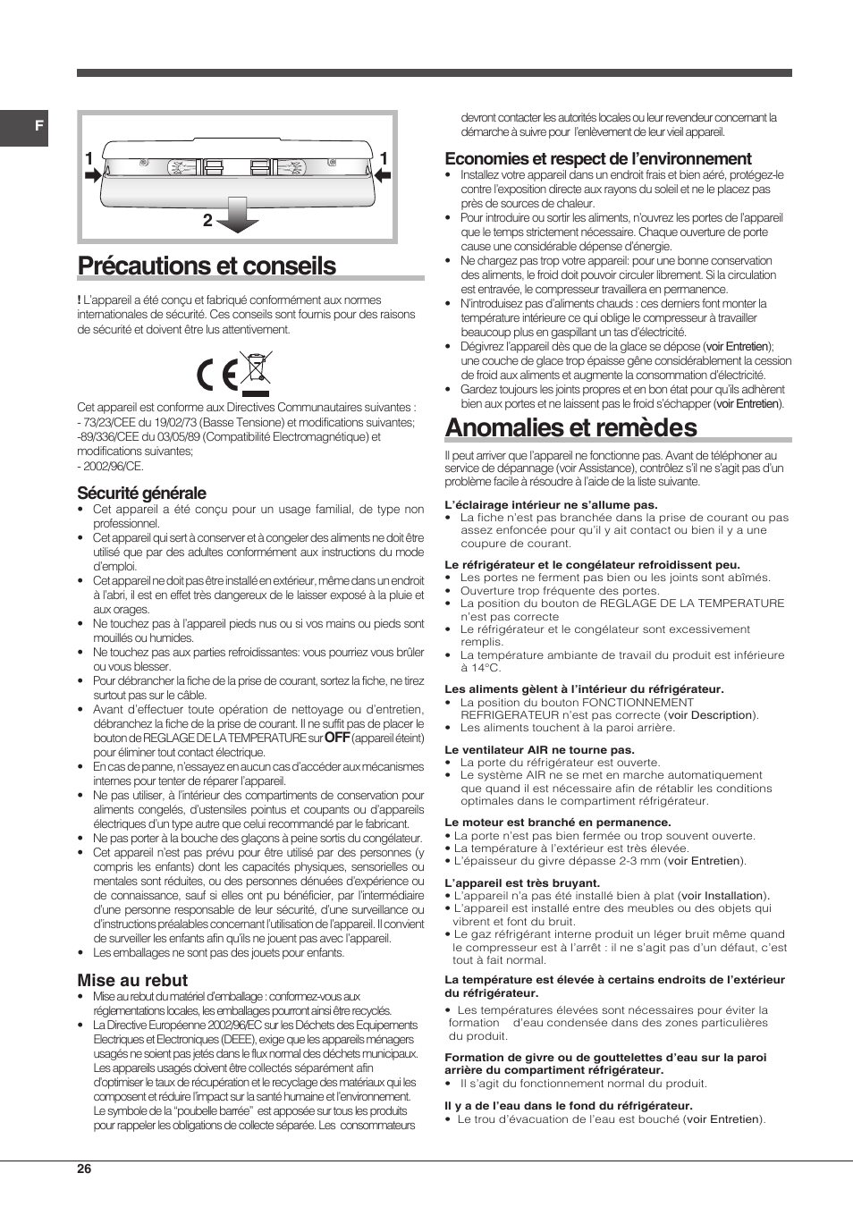 Précautions et conseils, Anomalies et remèdes, Sécurité générale | Mise au rebut, Economies et respect de l’environnement | Hotpoint Ariston Combinado EBMH 18211 V O3 User Manual | Page 26 / 64
