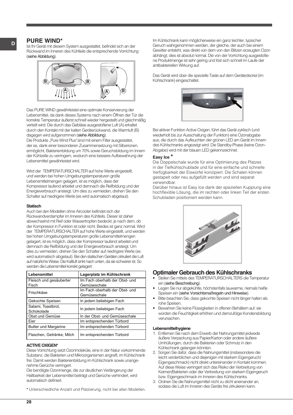Pure wind, Optimaler gebrauch des kühlschranks | Hotpoint Ariston Combinado EBMH 18211 V O3 User Manual | Page 28 / 64