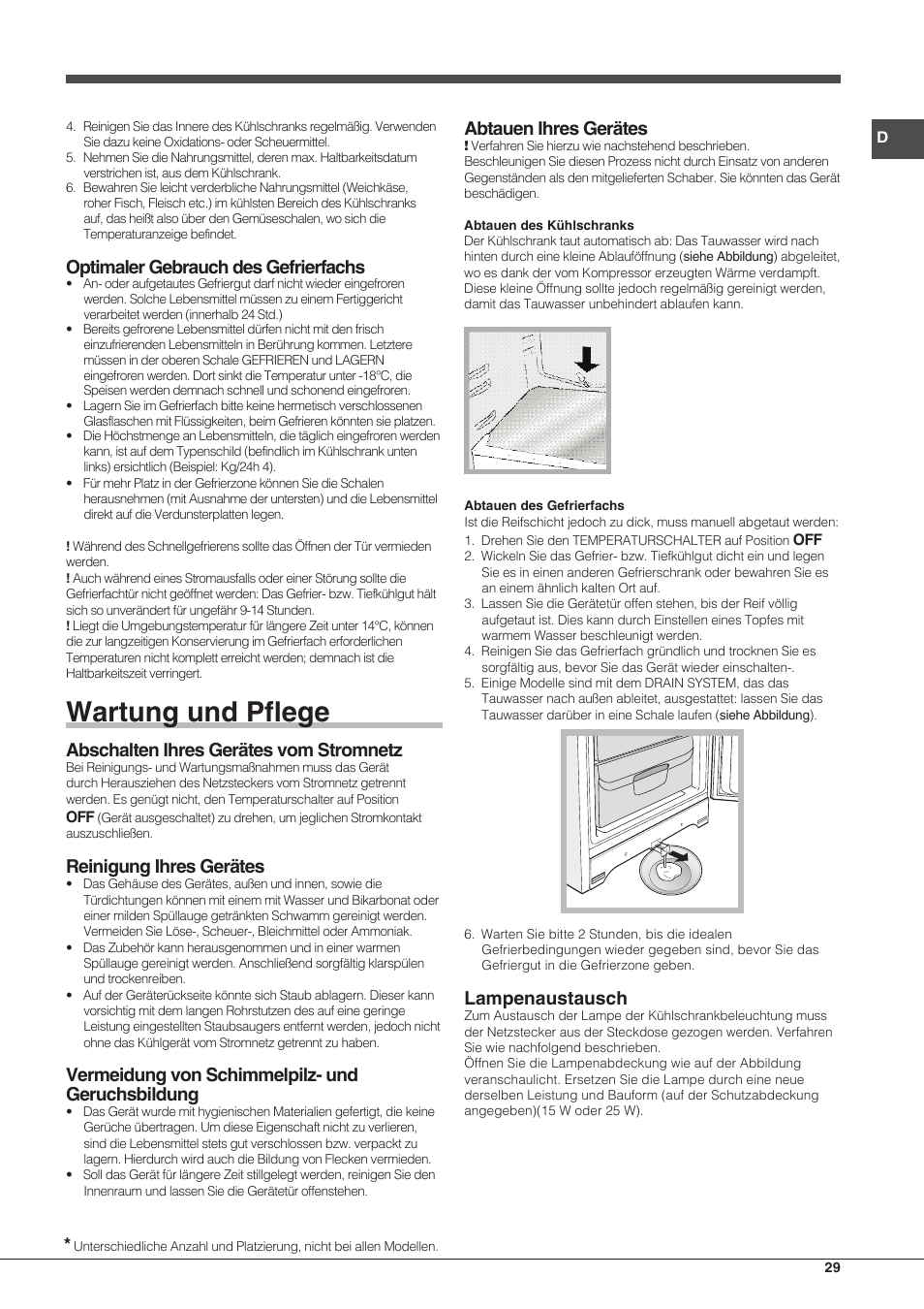 Wartung und pflege, Optimaler gebrauch des gefrierfachs, Abschalten ihres gerätes vom stromnetz | Reinigung ihres gerätes, Vermeidung von schimmelpilz- und geruchsbildung, Abtauen ihres gerätes, Lampenaustausch | Hotpoint Ariston Combinado EBMH 18211 V O3 User Manual | Page 29 / 64